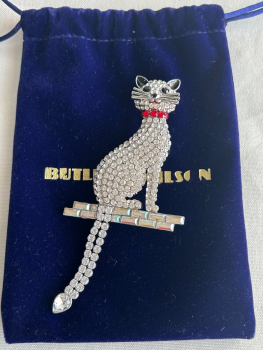 Vintage Butler & Wilson diamante chrome cat brooch with velvet pouch