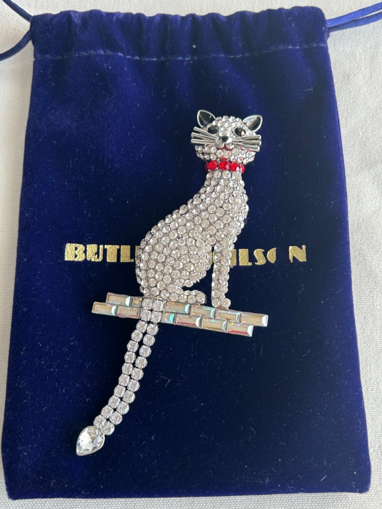 Vintage Butler & Wilson diamante chrome cat brooch with velvet pouch