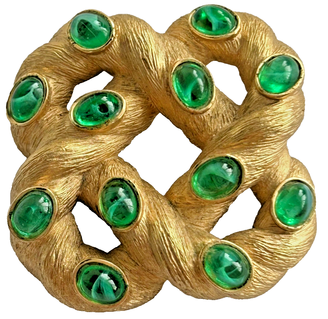 Vintage Trifari Celtic Knot Emerald Gripoix glass gold tone Brooch Pin