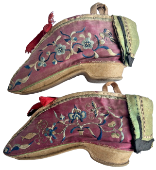 A pair of Antique embroidered Chinese slippers shoes Lotus Flowers bound feet foot