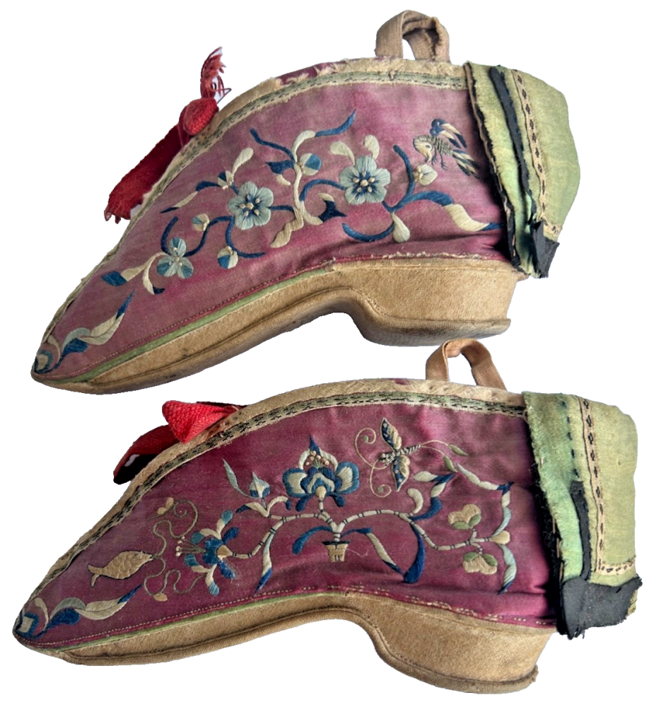 A pair of Antique embroidered Chinese slippers shoes Lotus Flowers bound fe