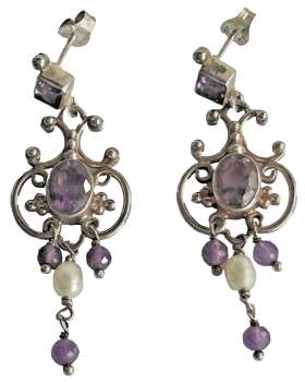 Sterling silver elegant Amethyst Pearl earrings stamped hallmarked 925