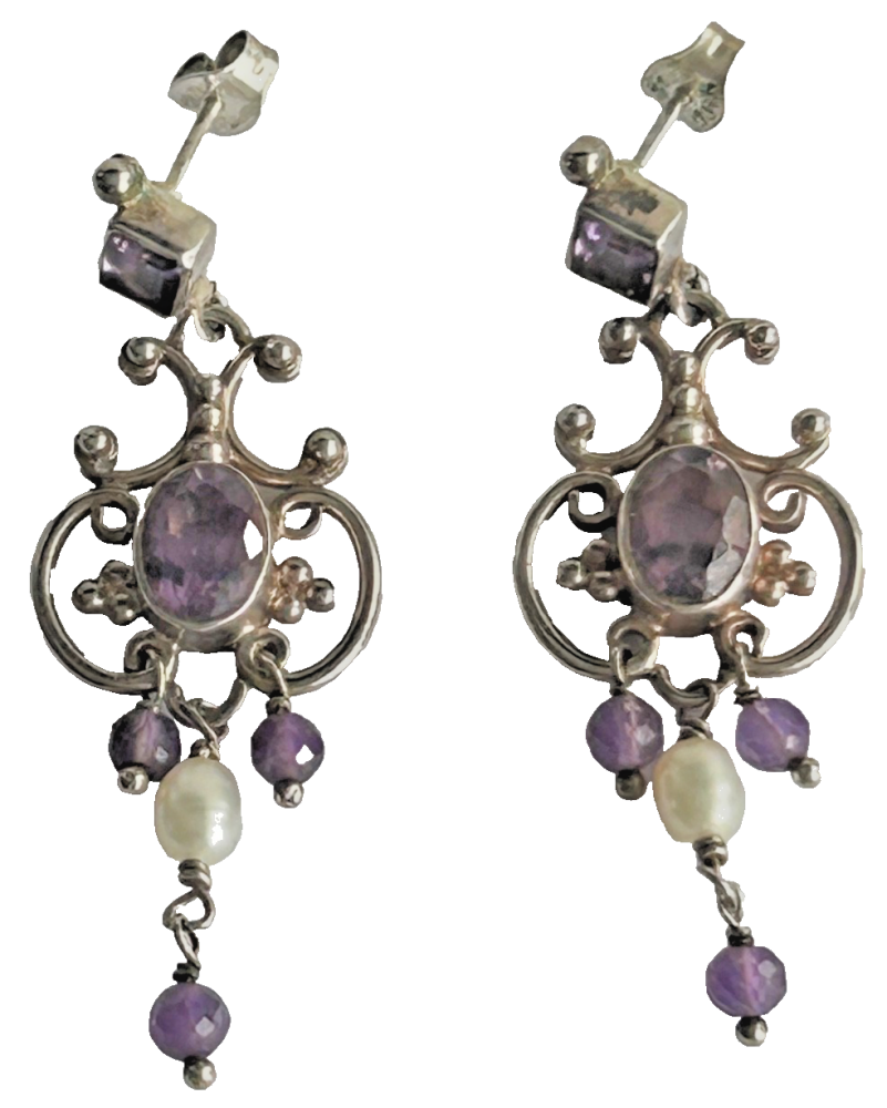Sterling silver elegant Amethyst Pearl earrings stamped hallmarked 925