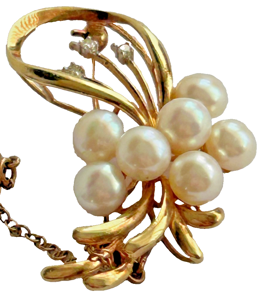 A 14 ct gold vintage cultured Pearl Diamond spray brooch pin