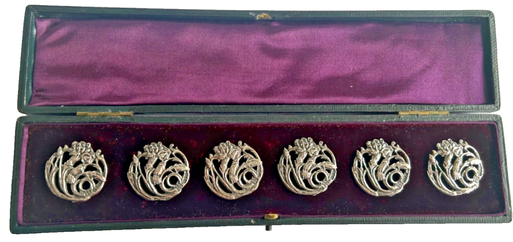 Antique set of six Edward VII silver buttons Art Nouveau Chester 1901