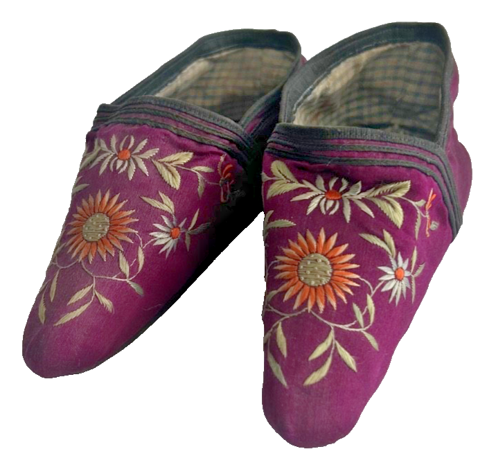 A Antique pair of Chinese Embroidered butterfly bound foot feet lotus shoes