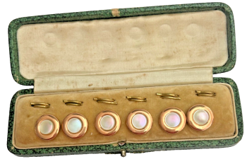 Antique set of Mother of Pearl 15ct gold cased rims buttons boxed