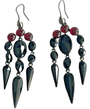 Antique Edwardian French jet Garnet Sterling Silver drippy earrings