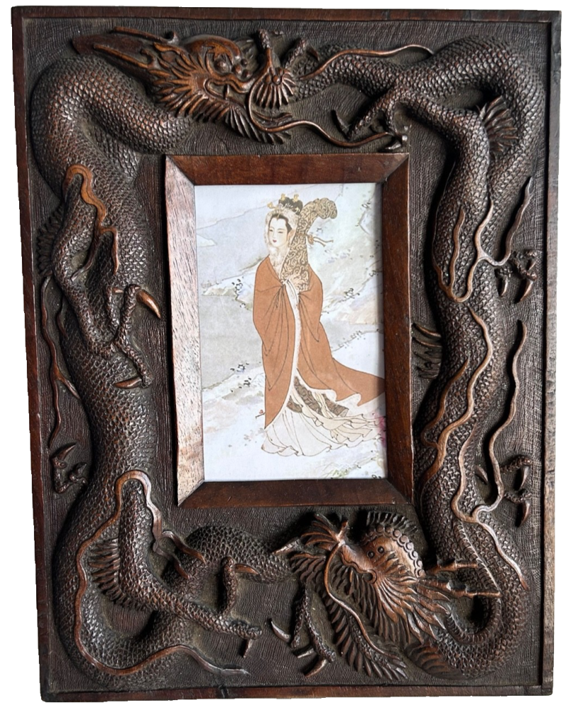 Antique carved solid wood wooden Chinese Asian picture frame dragon dragons