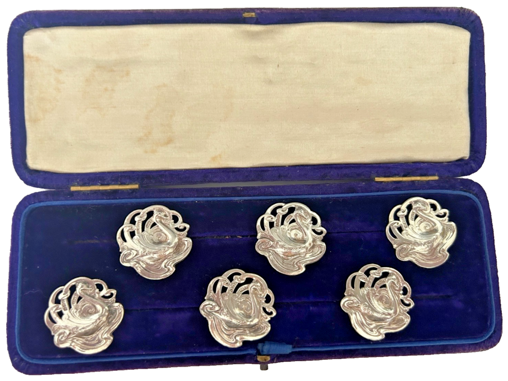 Antique Art Nouveau sterling silver buttons hallmarked 1902 Swans Zimmerman