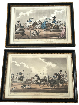 A pair of Antique Georgian Print pair Cruikshank's Coming it Going it C1824 original frames