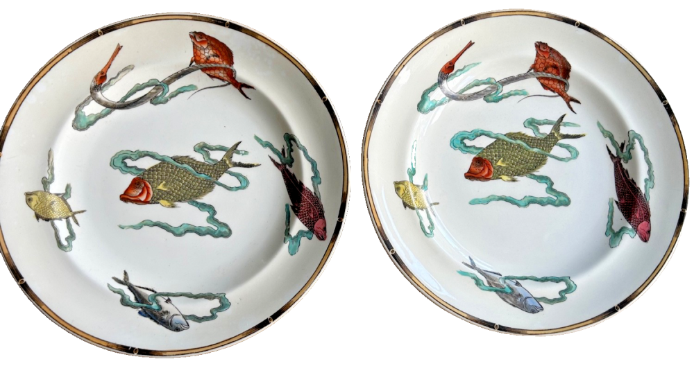 A pair of Antique Royal Worcester Polychrome dinner plate 1877 Aesthetic Mo