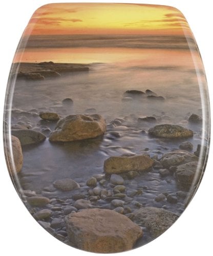 Wenko Thermoset Plastic Toilet Seat with Stone Shore design print and Chrom