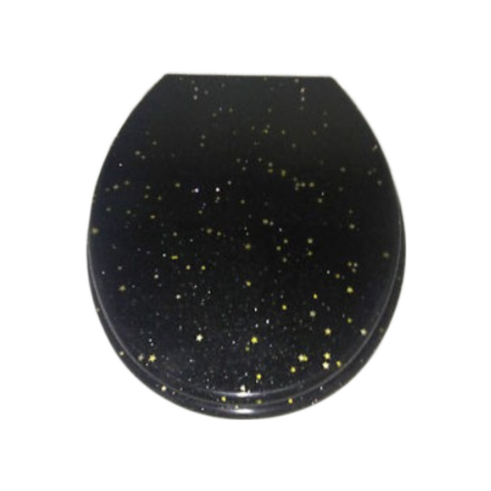 OPEN BOX Black resin toilet seat w/ Gold Stars and Chrome finish hinge