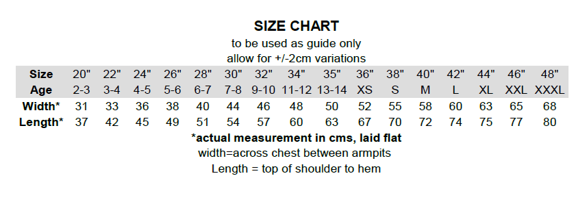 Sweatshirt range size guide