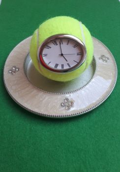 Real Tennis Ball Clock (Roman numeral dial) on lovely metal base
