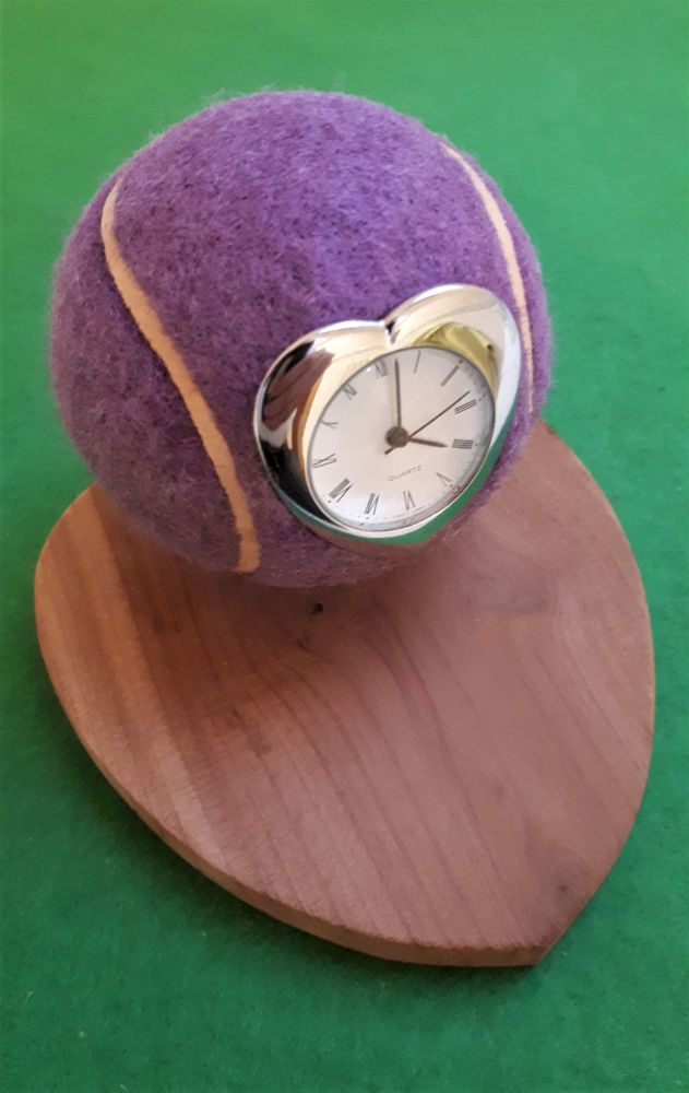 Real Tennis Ball Heart Shaped Clock on Cedar Wood plinth