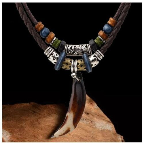 Men's Wolf Tooth Pendant Leather Beaded Weaved Prayer Necklace