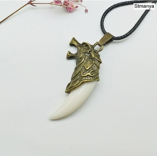 Gothic Necklace Tooth Wolf Dragon Head Pendant with Black Band