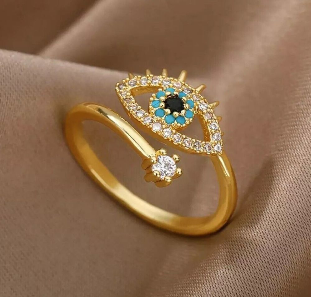 Gold Plated Eye Ring Lucky Turkish Open Ring with Crystal Rhinestones