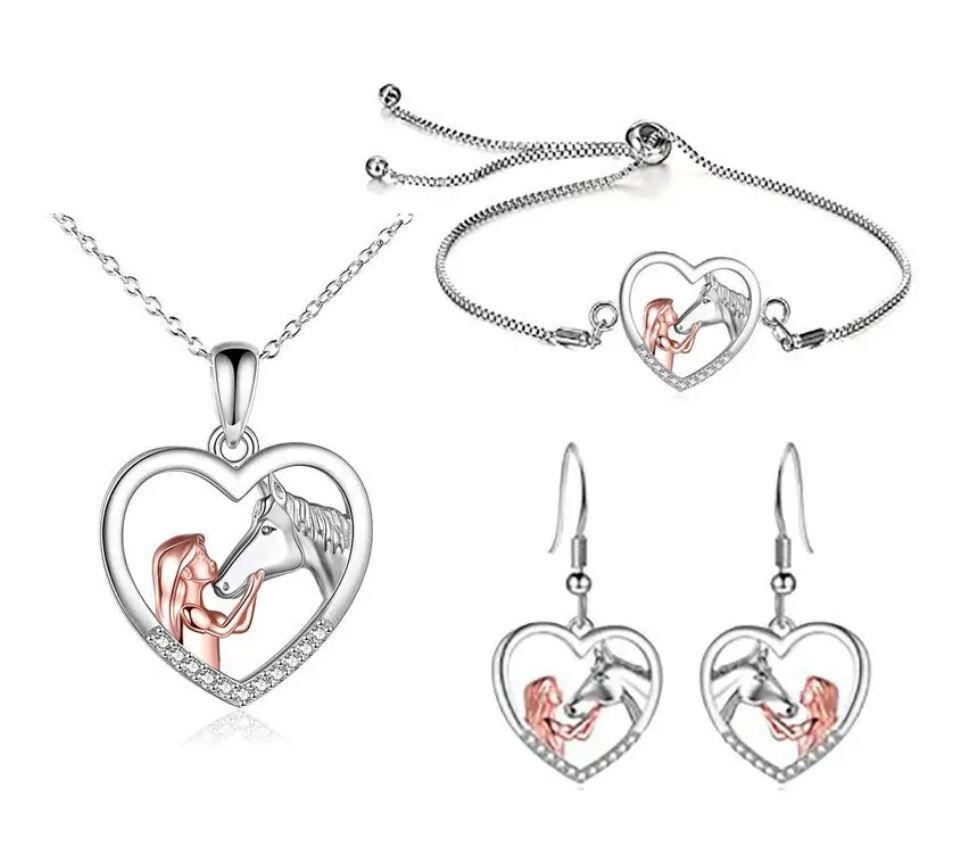 Girl and Horse Pendant Necklace, Earrings and Bracelet Set Great Gift