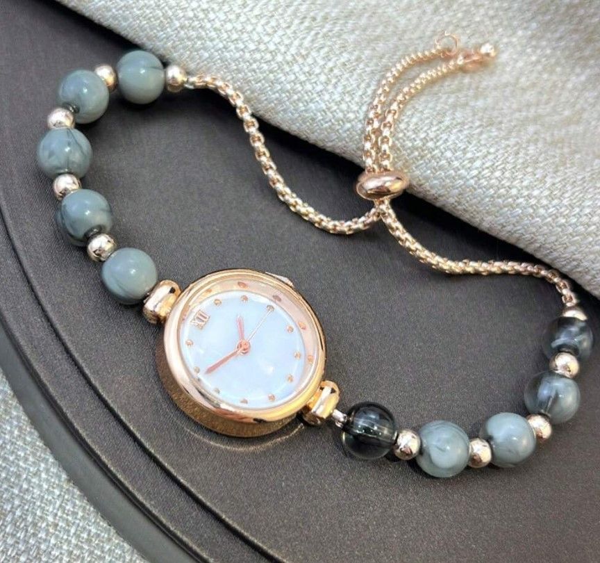 Elegant Watch with Grey Beaded strap