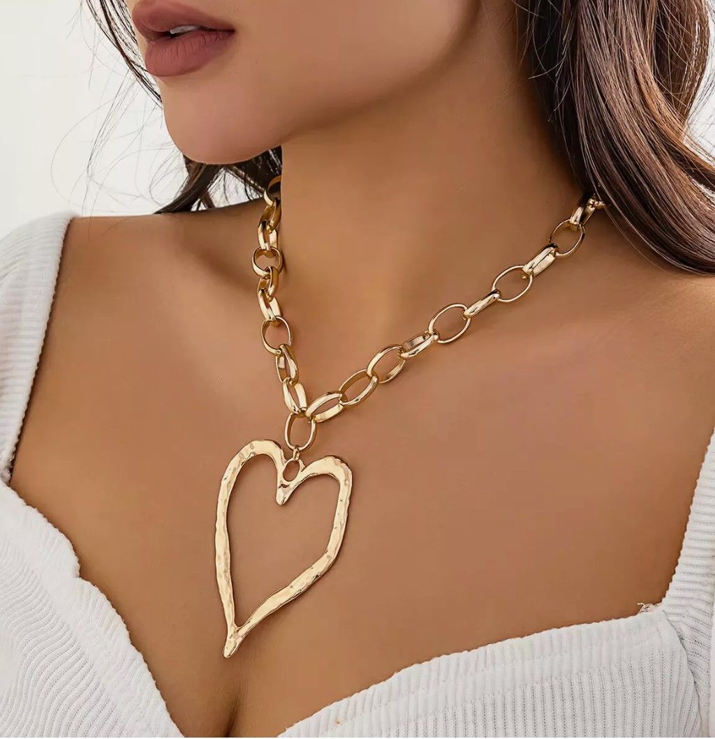 Gold Necklace Big Heart Pendant