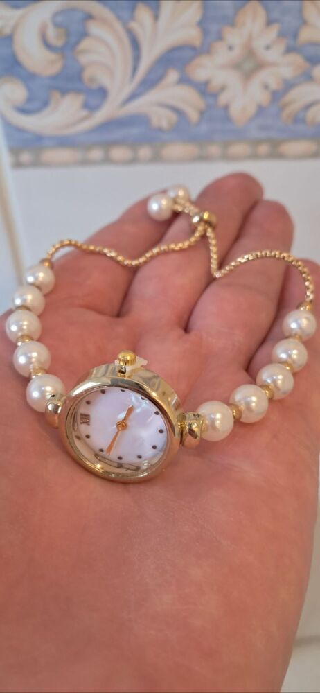 Elegant Watch with White Beaded strap