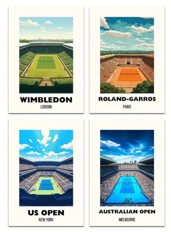Grand Slam Tennis Series Set of 4 Art Prints - Modern Minimalist Art Deco Tennis Tournament Posters