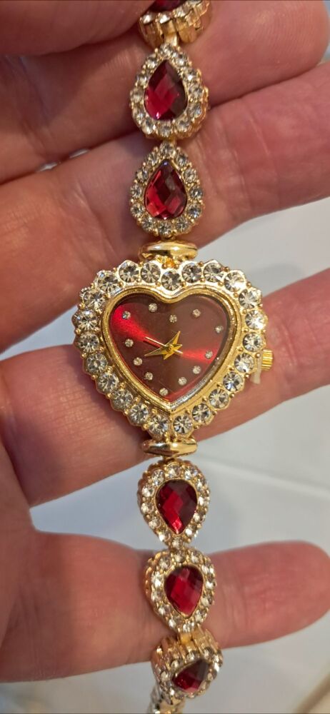 Gold Vintage Style HEART Watch Red Dial