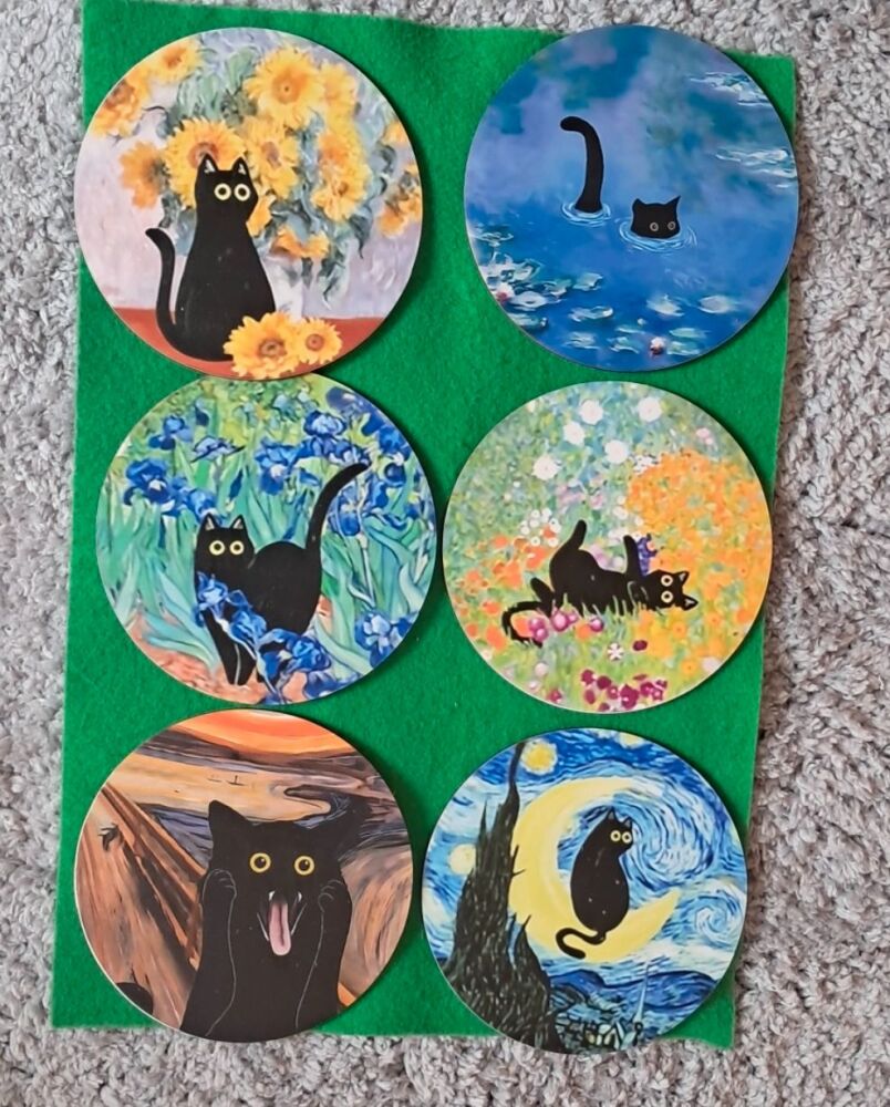 Set Of 6 Cat Art Wooden Drinks Coasters