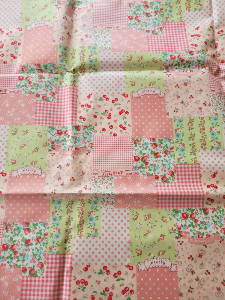 Coated cotton fabric - cute flowers, berries & dots in squared