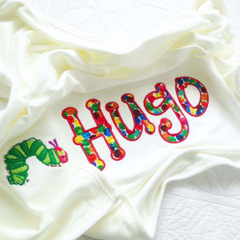 The very hungry caterpillar embroidered personalised cotton baby cot blanke