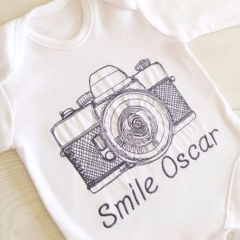 Retro personalised embroidered camera baby onesie vest 