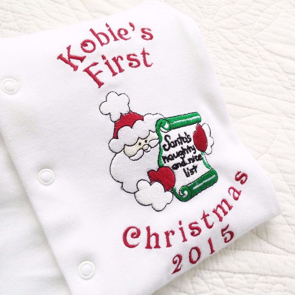 Personalised Baby's first christmas sleepsuit  Santa's list