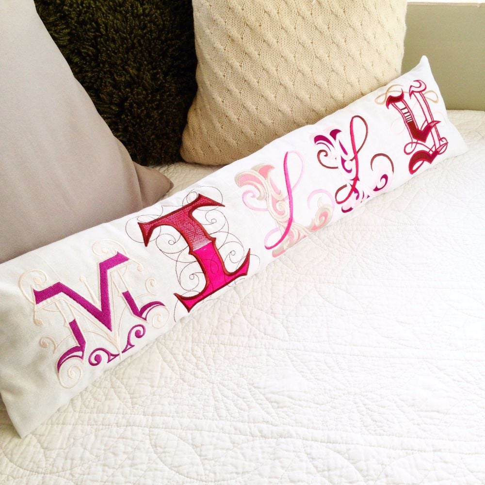 Personalised embroidered name bolster cushion 