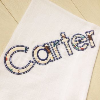 Personalised applique and embroidered baby muslin square