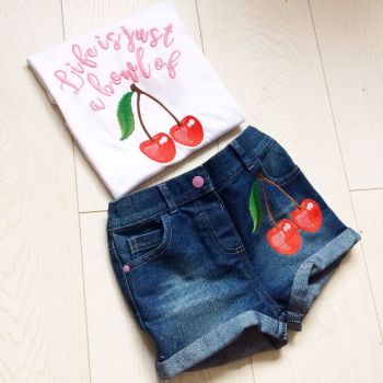 Life is just a bowl of cherries embroidered retro cherrry design children's T shirt and denim shorts set