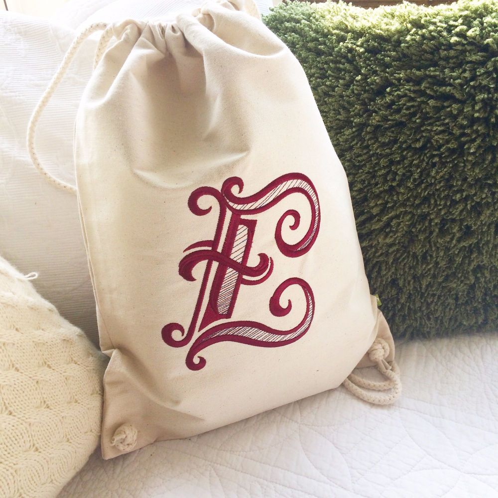 Fully embroidered personalised monogrammed drawstring bag