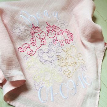 Unicorn embroidered personalised baby muslin square