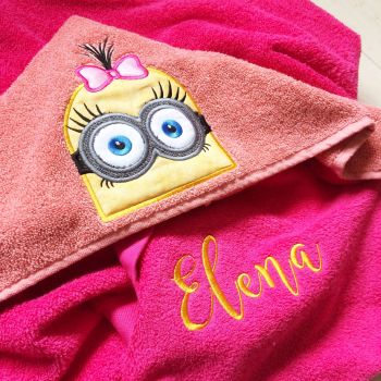Pink minion inspired personalised hooded baby towel 