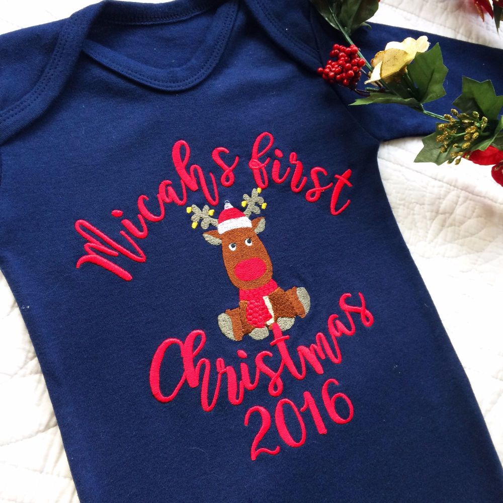 Personalised Baby's first christmas sleepsuit Reindeer for Laura