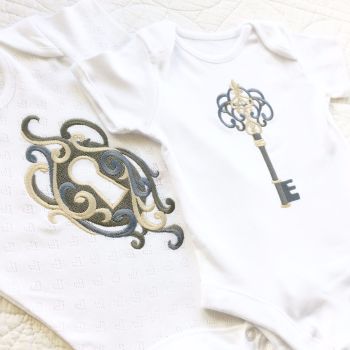 Twins lock and key steampunk gothic baby onesie vest set