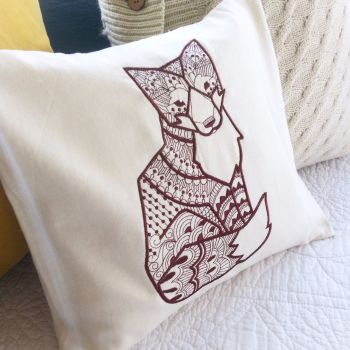 Woodland fox cushion fully embroidered with fill
