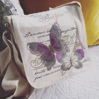 Vintage parisian embroidered butterfly organic fair trade messenger bag