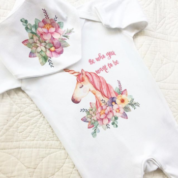 Unicorn babygrow sleep suit and bandana bib set