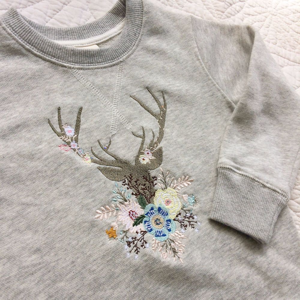 Whimsical forest dear embroidered children's sweatshirt