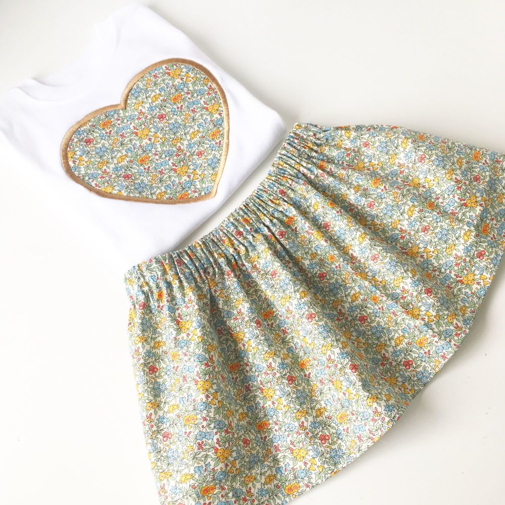 Liberty print children's skirt and applique T shirt set