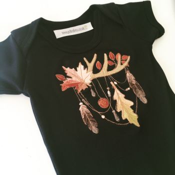 Woodland autumn embroidered necklace baby onesie vest by Jellibabies.co.uk
