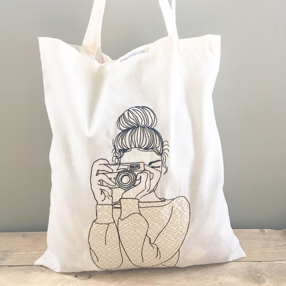 Camera girl embroidered cotton tote  shopping bag 